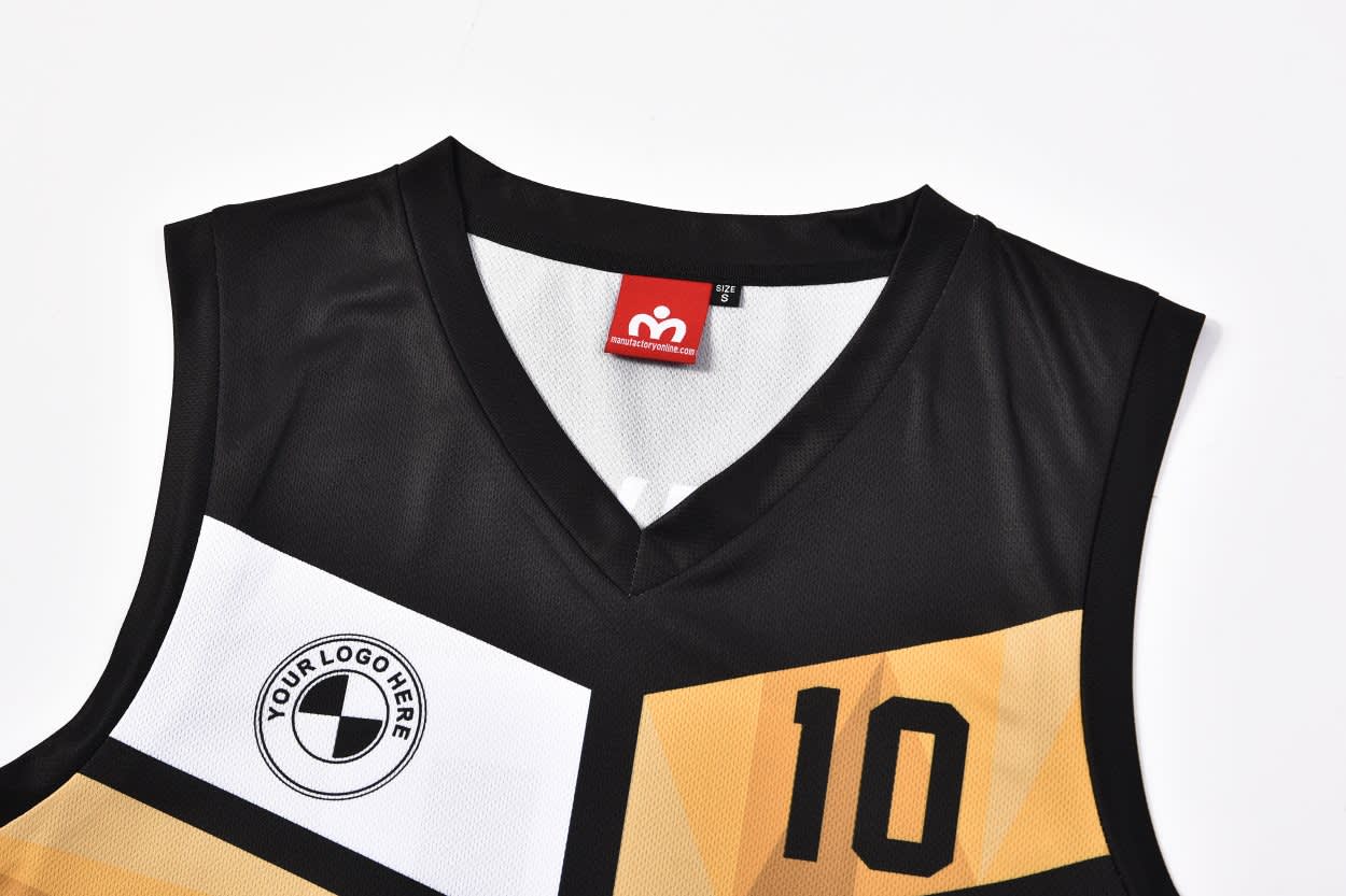 A black and gold PLAYER SINGLET featuring a v-neck design and a logo space.