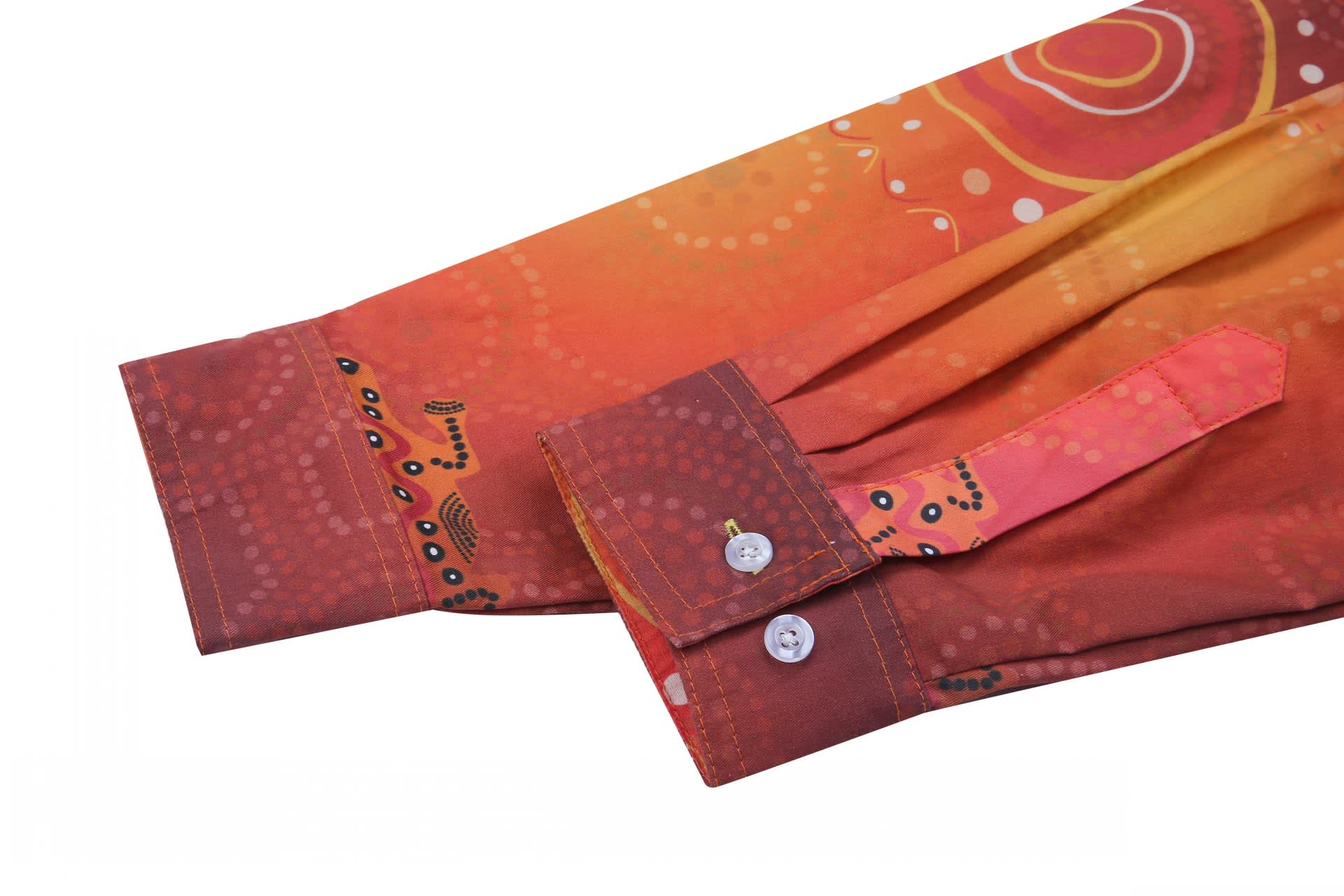 A vibrant hi-vis work shirt in shades of orange and red with a unique pattern, featuring a buttoned cuff and logo.
