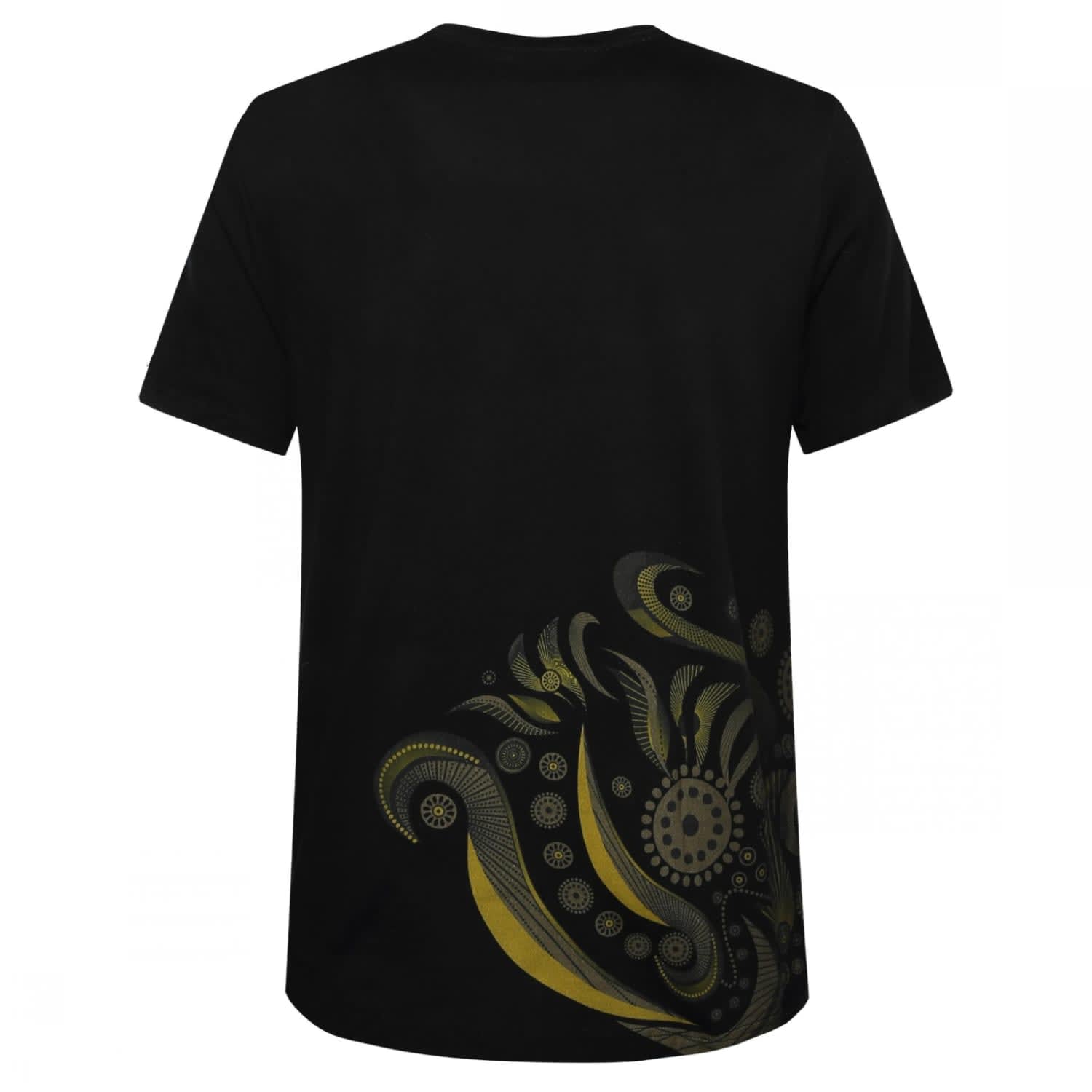 A black cotton t-shirt featuring a decorative green design on the lower back. It has a logo.