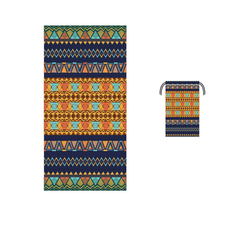 A vibrant beach towel featuring a patterned design in blue, orange, and yellow, accompanied by a matching drawstring pouch.