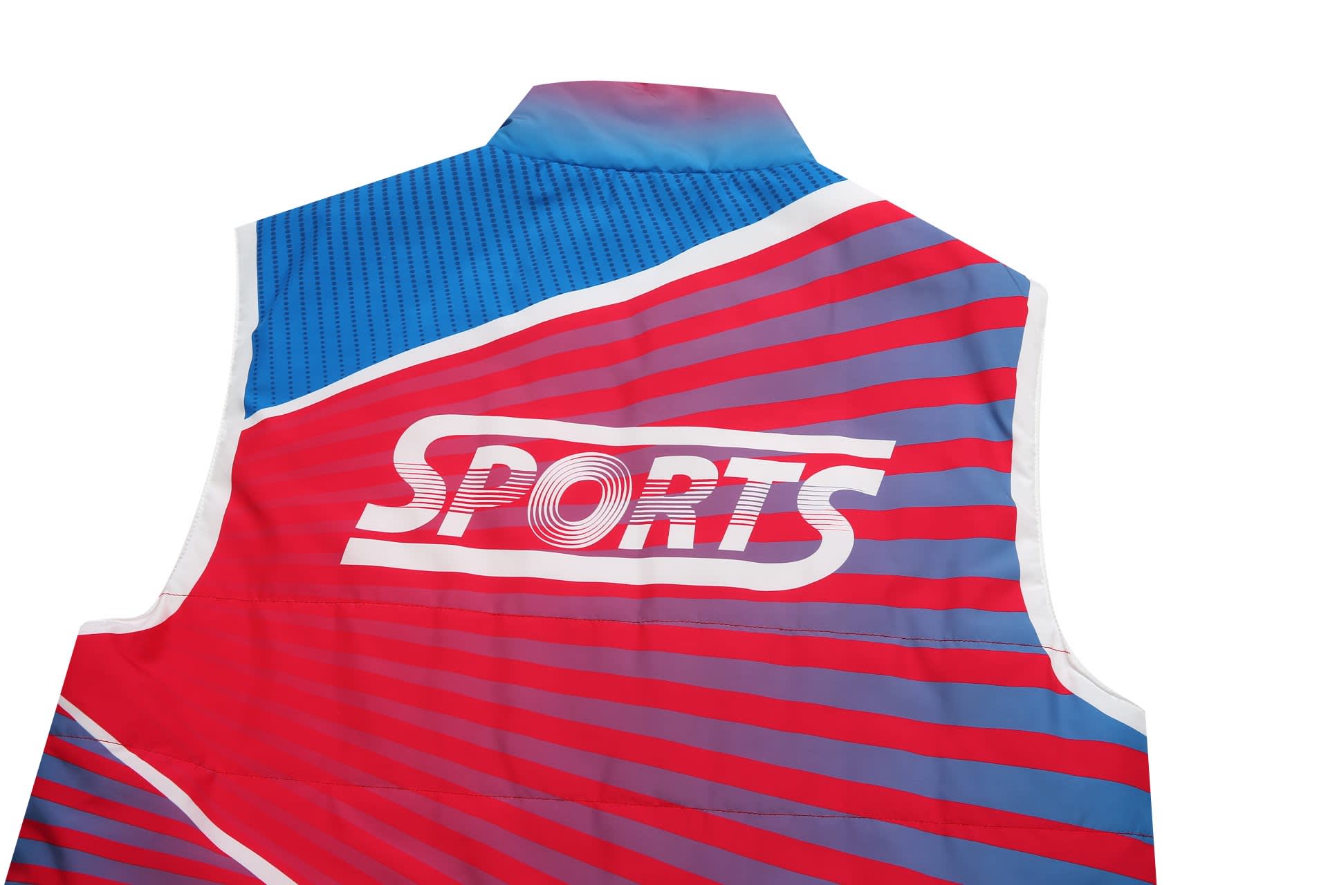 A puffer vest coat in red, blue, and white with a logo, featuring a sporty design and a high collar.