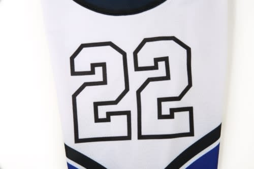 A white ice hockey jersey featuring bold black numbers "22" and blue accents. It has a logo at the top.
