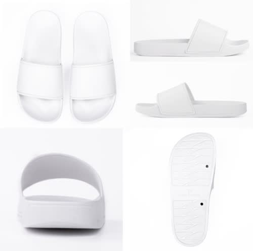 White slippers with a simple design featuring two straps and a textured sole. The image displays multiple angles.