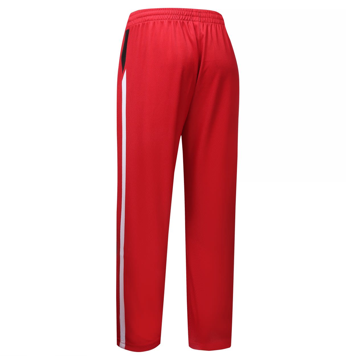 Red tracksuit bottoms featuring a black side panel and elasticated waistband at the back. Includes a logo.