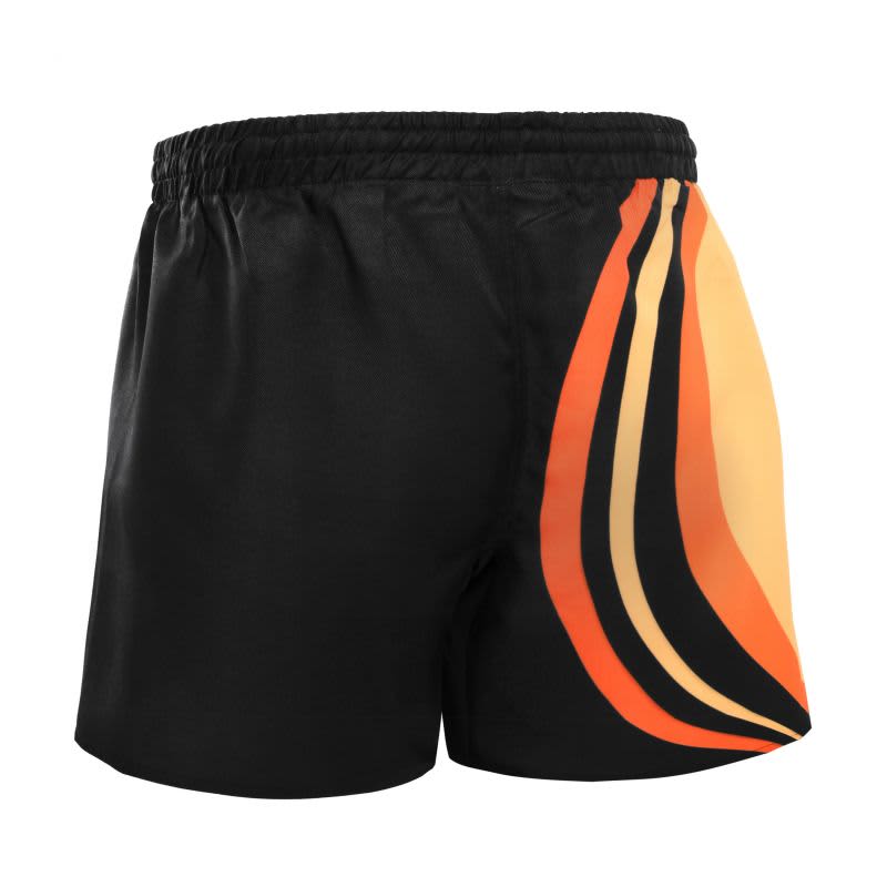 Twill shorts in black featuring vibrant orange and yellow stripes on the side, with an elastic waistband.