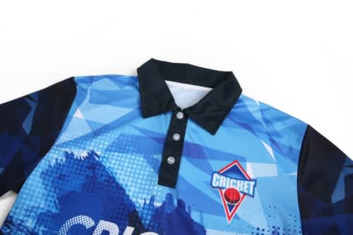 A blue and black cricket jersey featuring a collar and an embedded logo.