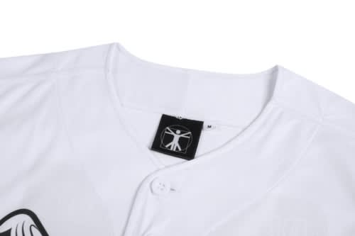 A white baseball jersey featuring a placket and a logo tag at the collar area.