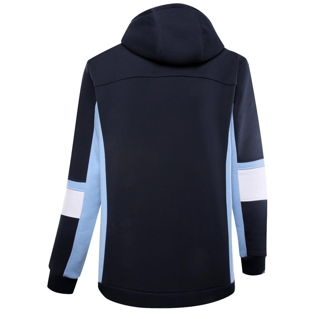 A hooded polar fleece garment in navy blue with light blue, white, and navy stripes on the sleeves.