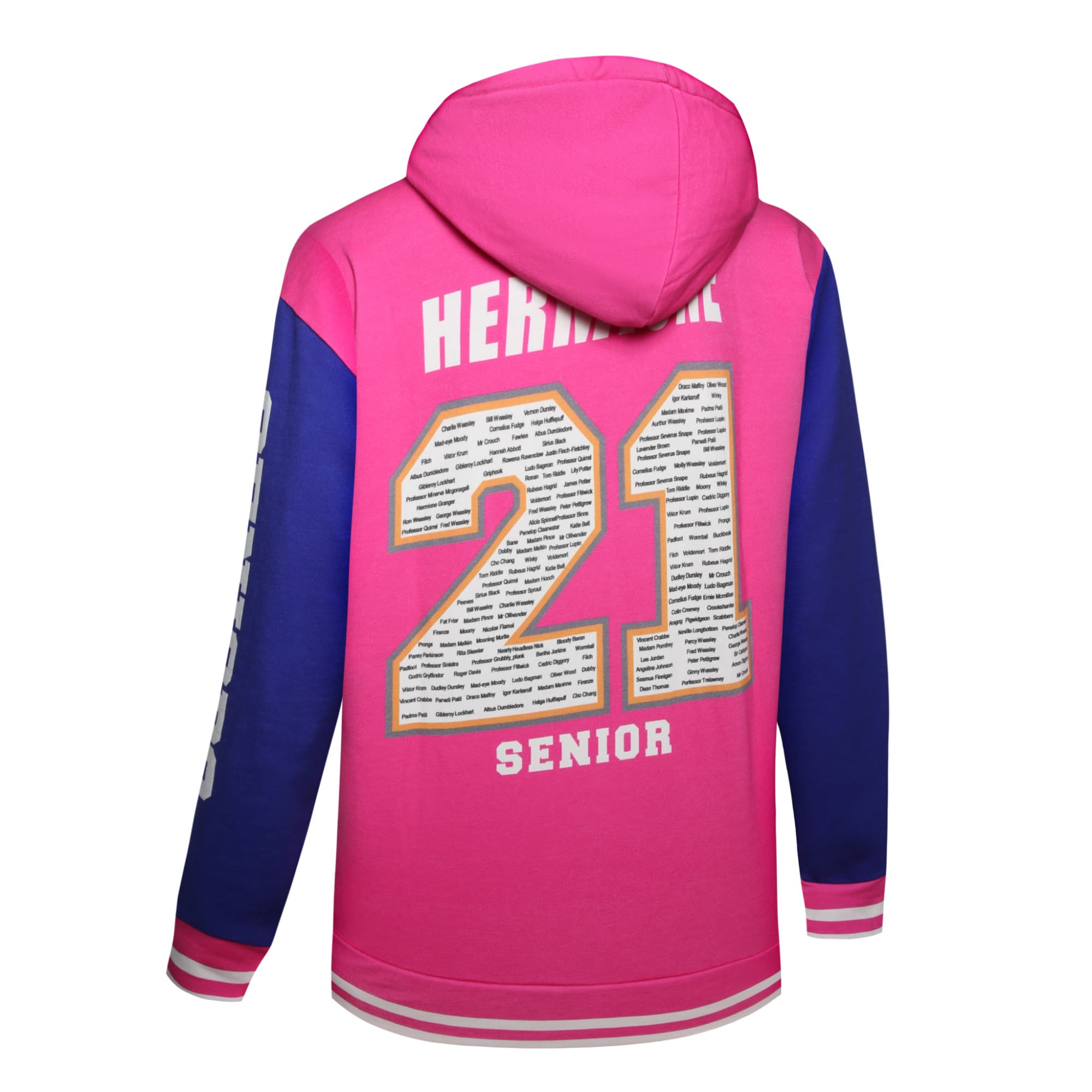 A pink and blue cotton hoodie featuring a large number 21 on the back and a hood. It includes branding elements.