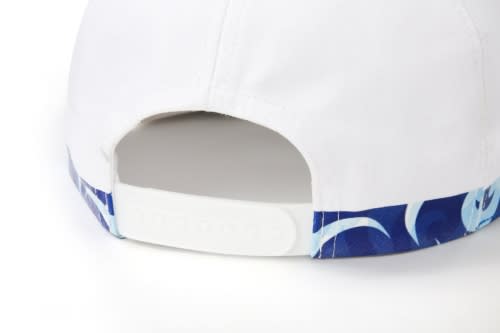 A white sport cap featuring a blue patterned band and a branded closure at the back.