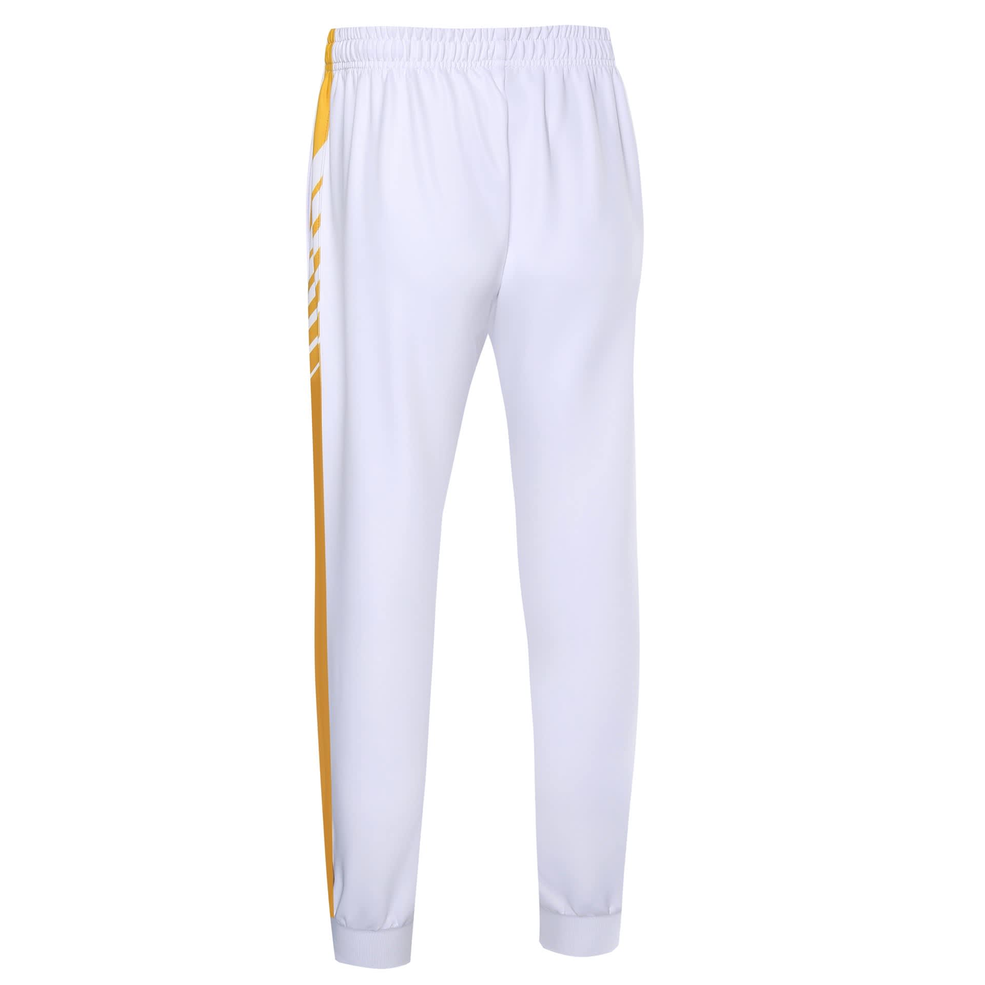 White cricket uniform pants for women with yellow side stripes and an elastic waistband. Features a small logo.