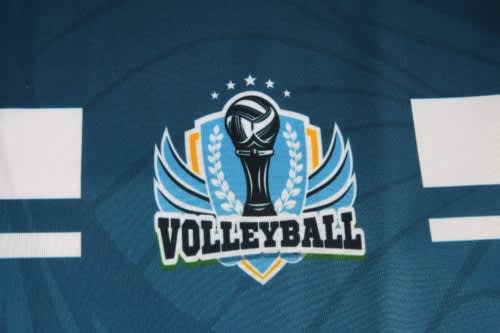 A dark blue volleyball uniform featuring a logo with a trophy and decorative elements.
