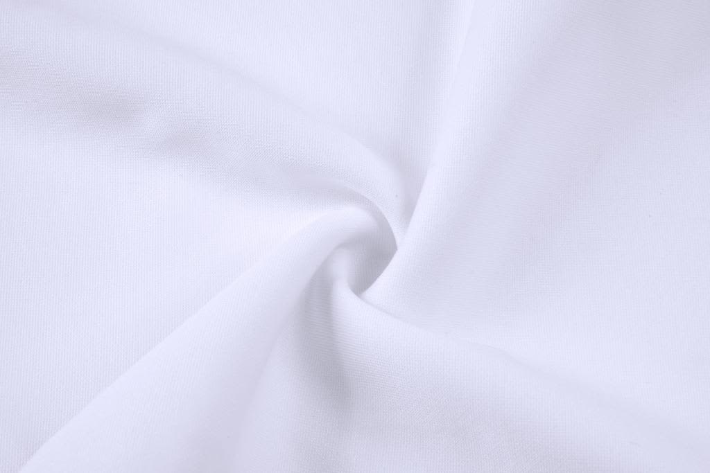 A close-up of white fabric, featuring a smooth texture and slight wrinkling. There is a visible logo on the material.