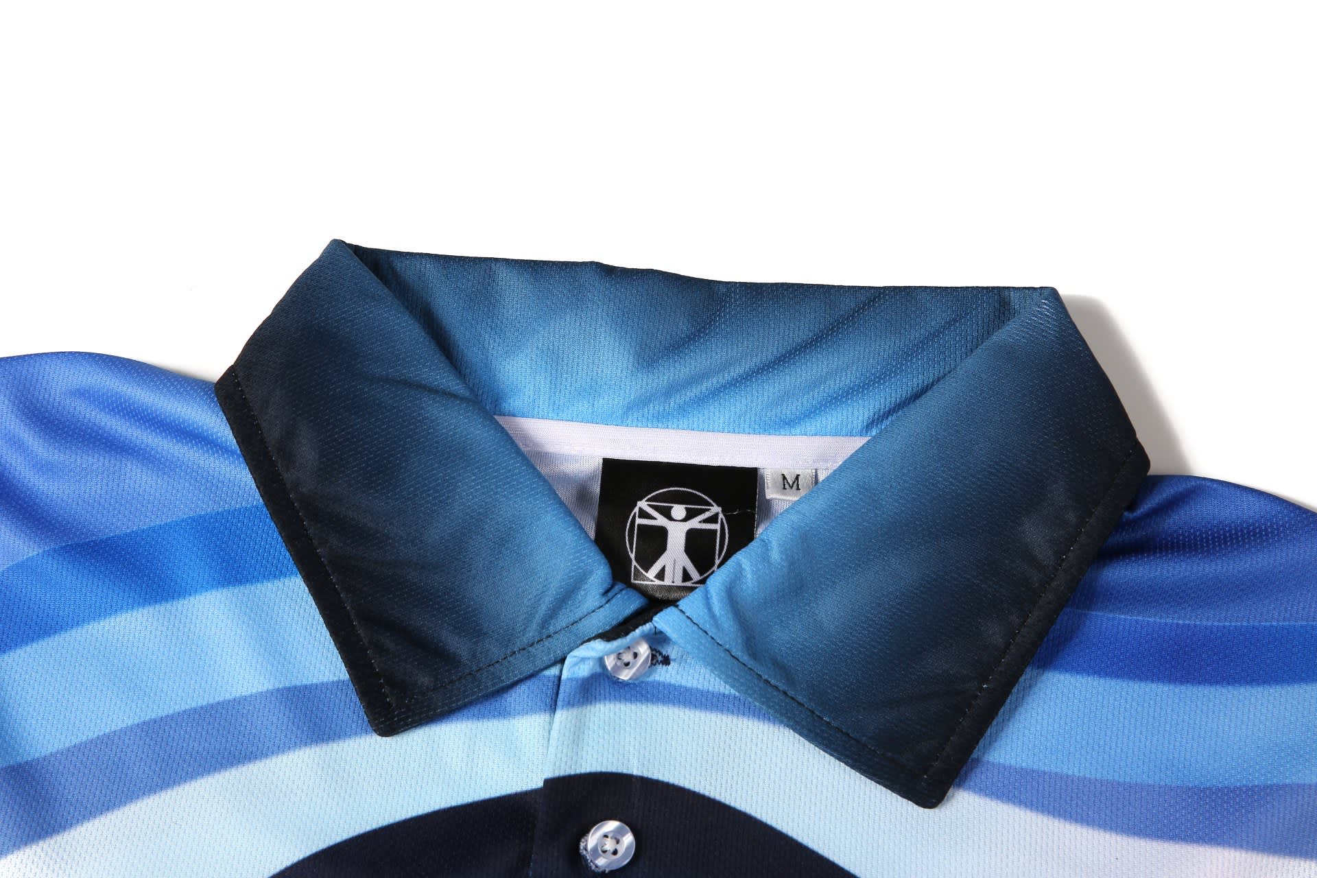 A blue and black sports jersey featuring a collared neckline and a logo. The design has horizontal stripes.