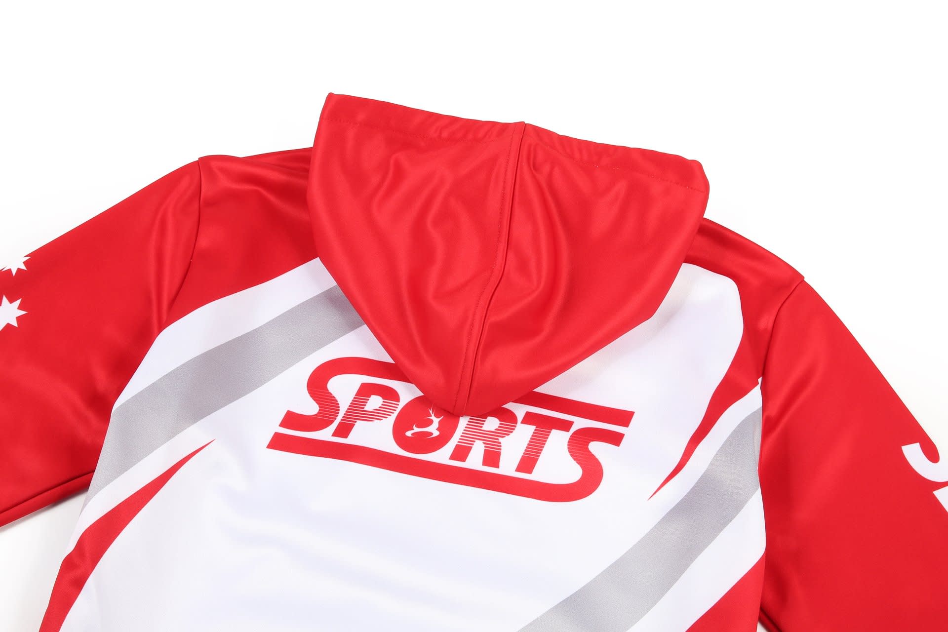 A red and white hoodie with a hood and a logo, featuring sporty design elements.
