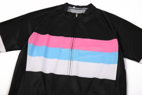 A black cycling jersey featuring horizontal stripes in pink, blue, and grey. It has a zip-front design and a logo.