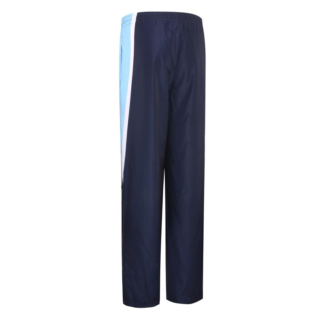 ZIP Bottom Lining Pants in navy blue with light blue accents, featuring a side stripe design and an elastic waistband.