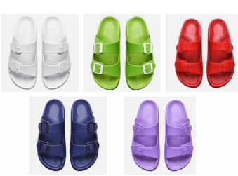 A display of sandals in white, green, red, blue, and purple, featuring buckle details. Each pair has a distinct colour.