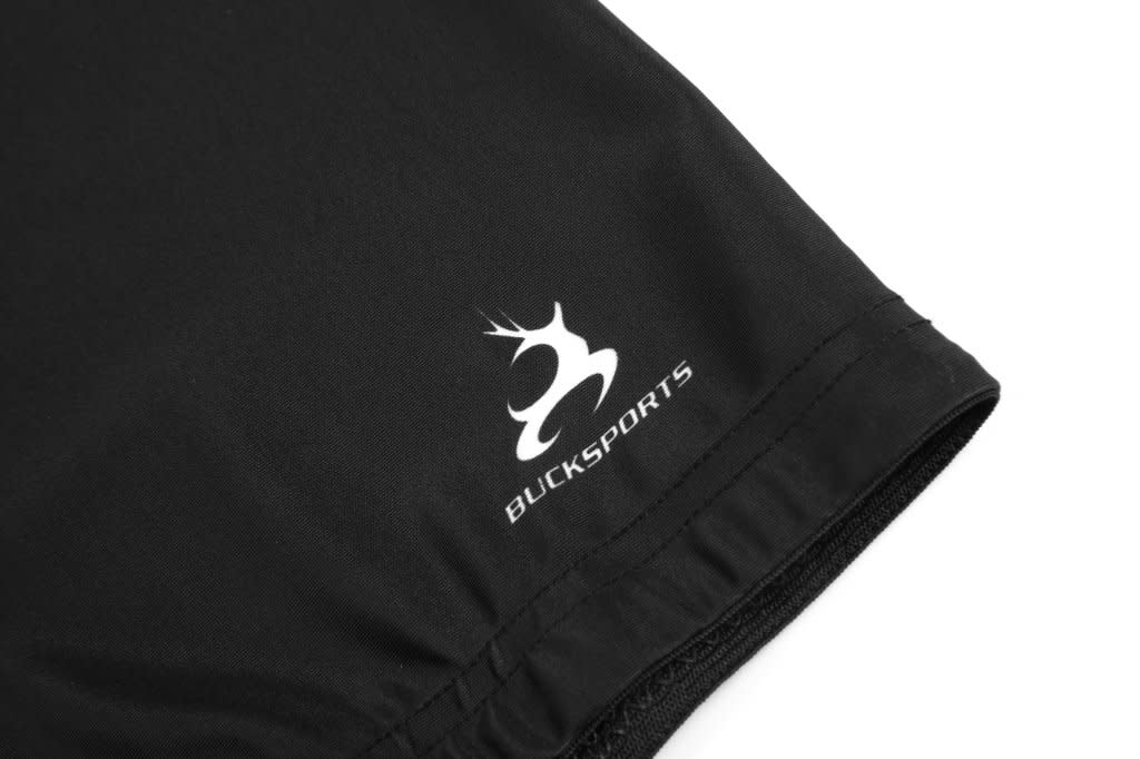 A pair of black shorts featuring a logo on the hem, designed for a sportswear product.