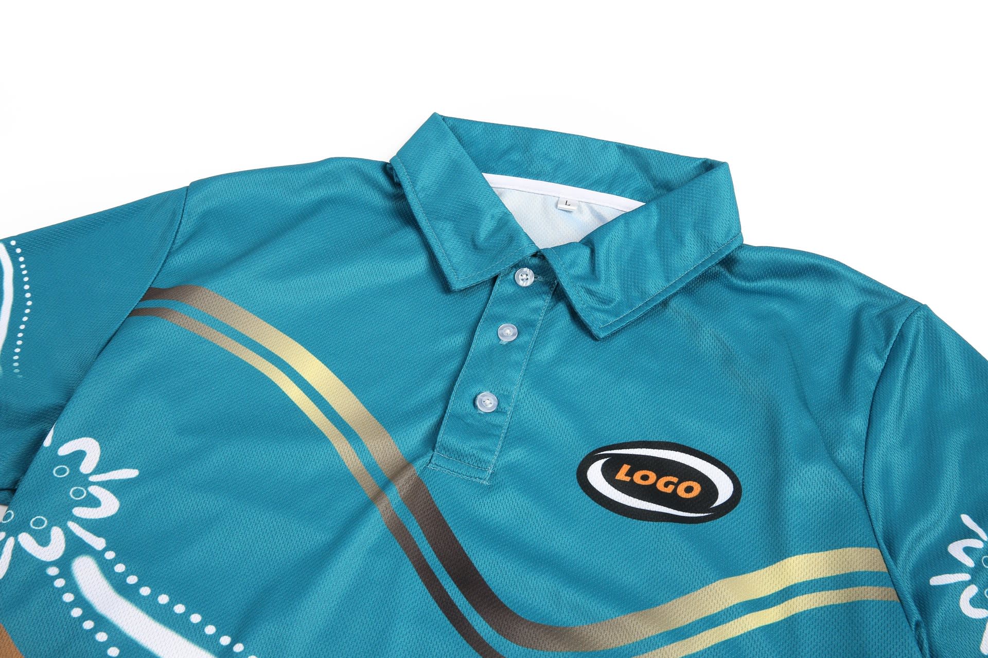 A turquoise polo jersey featuring decorative patterns and a logo on the front.