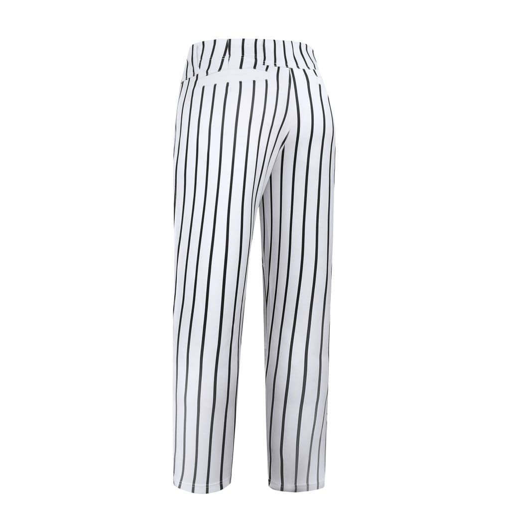 A pair of white baseball/softball pants featuring bold black vertical stripes and a waistband with a logo.