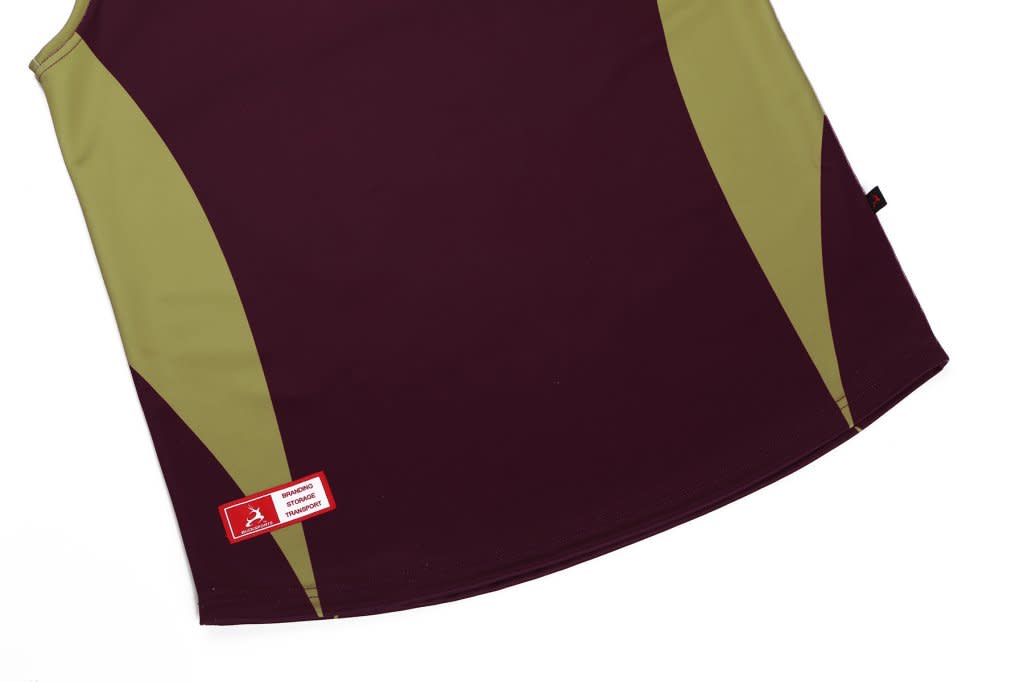 A maroon and olive green AFL singlet featuring a logo and a tag on the bottom.