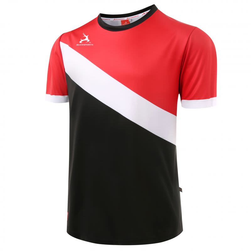 A TEE CUT&SEW shirt in red, black, and white, featuring a logo on the chest and a dynamic design.