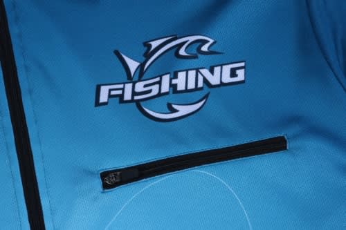 A blue sports jersey with a fishing-themed logo and a zip pocket. It is designed for fishing activities.