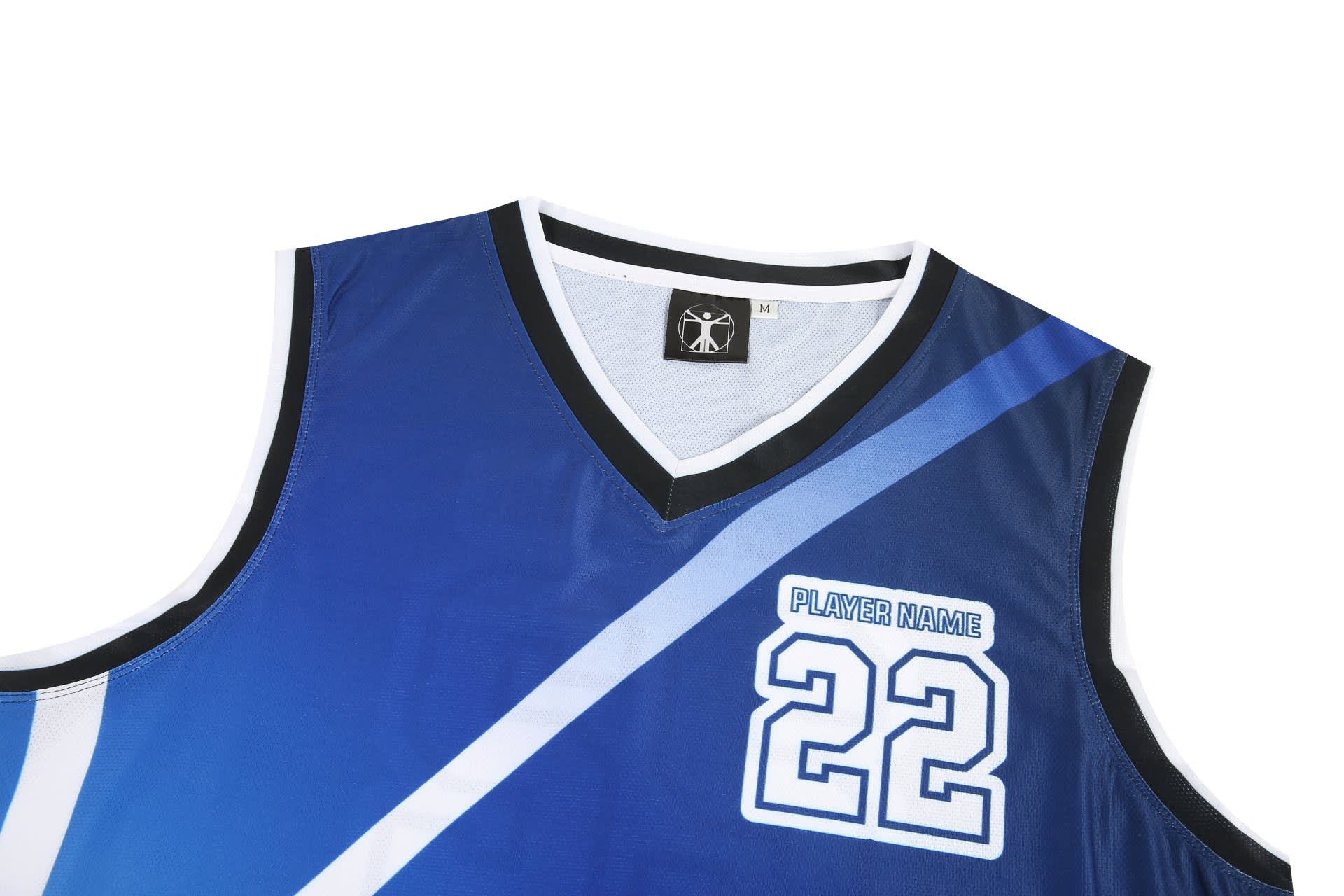 A blue basketball uniform man singlet featuring a v-neck design and a logo, with white and lighter blue accents.