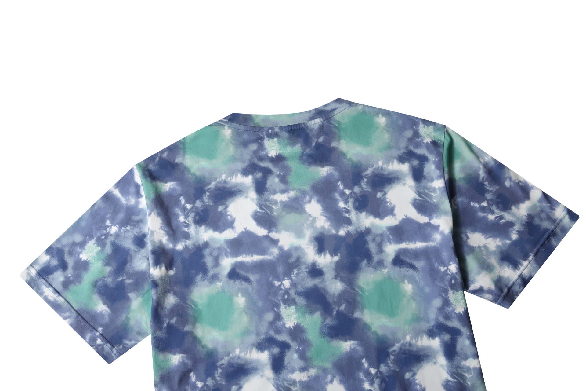 A cotton T-shirt in a tie-dye pattern featuring shades of blue, green, and white. It has a branding logo.