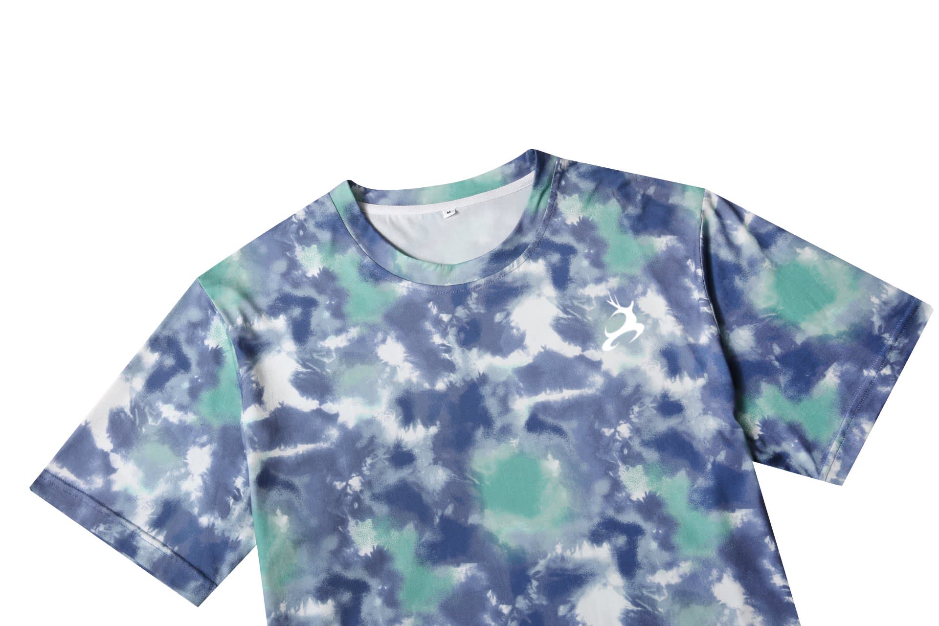 A cotton t-shirt featuring a blue and green tie-dye pattern with a small logo on the front.
