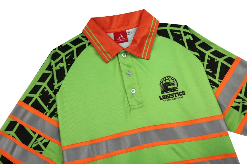 A green polo shirt with orange accents and reflective tape, featuring a logo on the front.