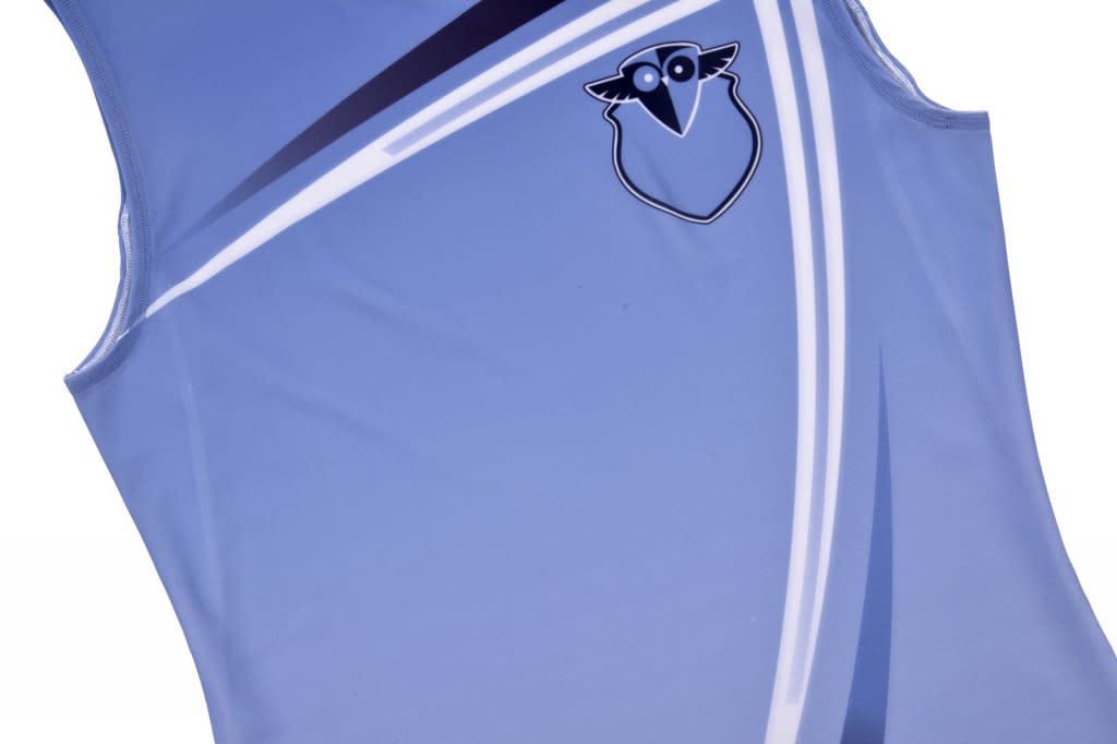 A light blue activewear vest featuring a logo and sleek, modern design elements.