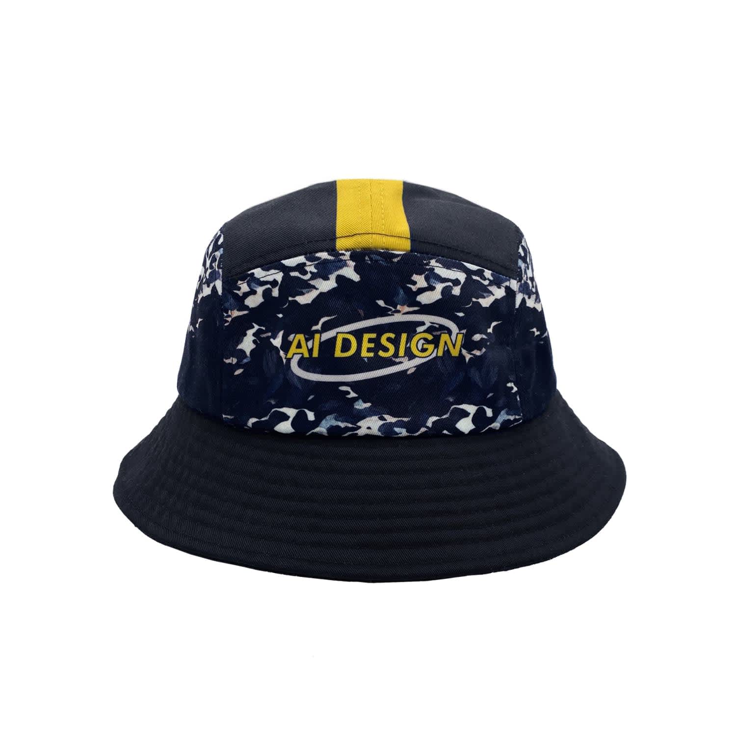 A bucket cap featuring a navy and grey camouflage pattern with a yellow band and a logo.