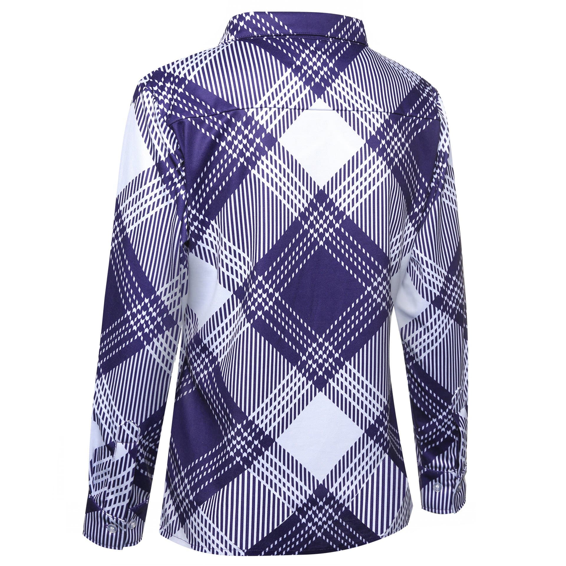 A flannel women's shirt featuring a purple and white plaid pattern, showcasing a back view with a collar.