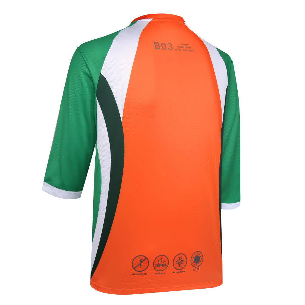 A 3/4 sleeve t-shirt in orange and green with a logo, featuring a sporty design and white accents.