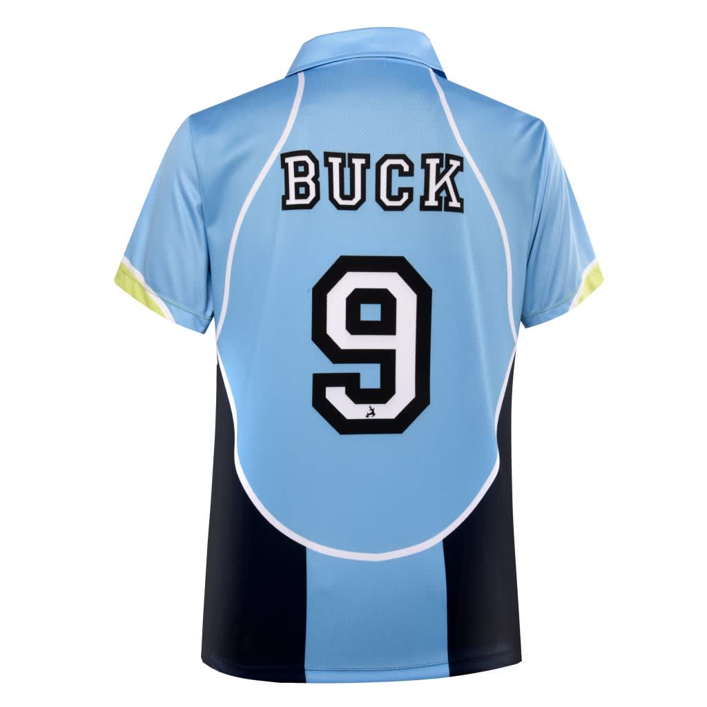 A sports polo in light blue and navy, featuring the name 'BUCK' and the number '9' on the back.