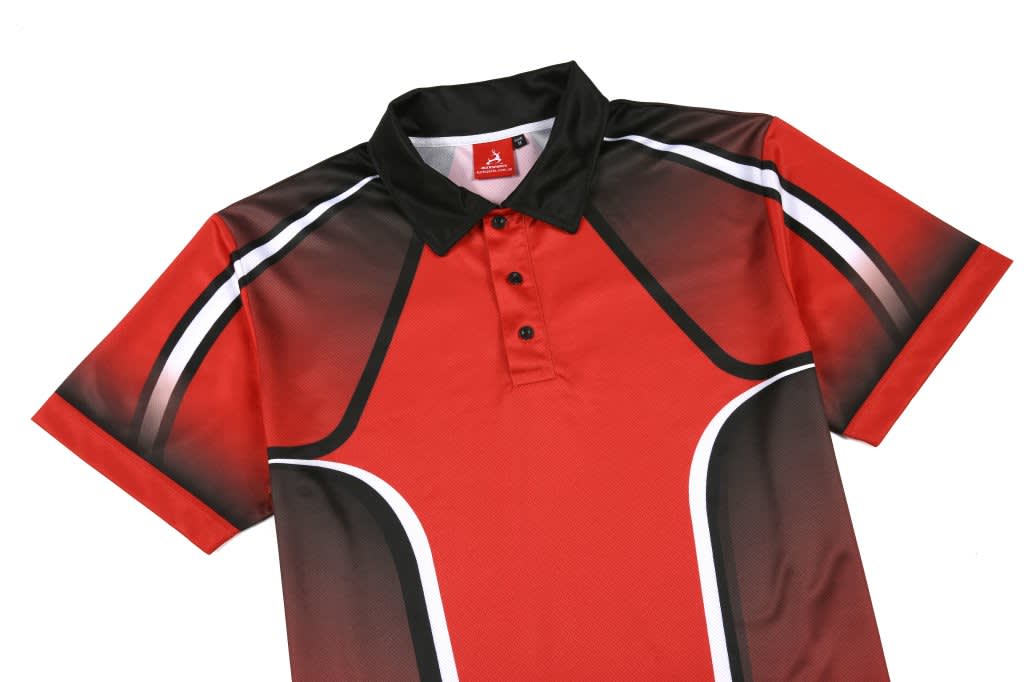 A red and black customised polo shirt with a collar and button detail, featuring a logo.