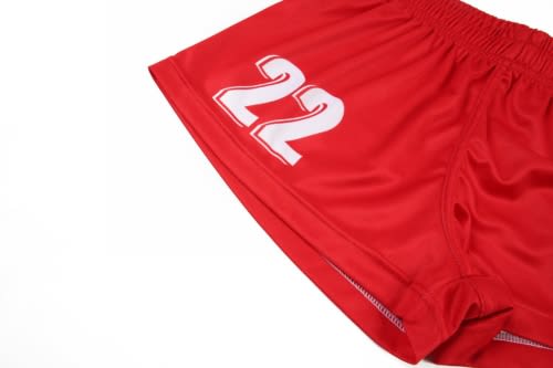 A red volleyball uniform short featuring the number 22 and an elastic waistband, with a logo present.