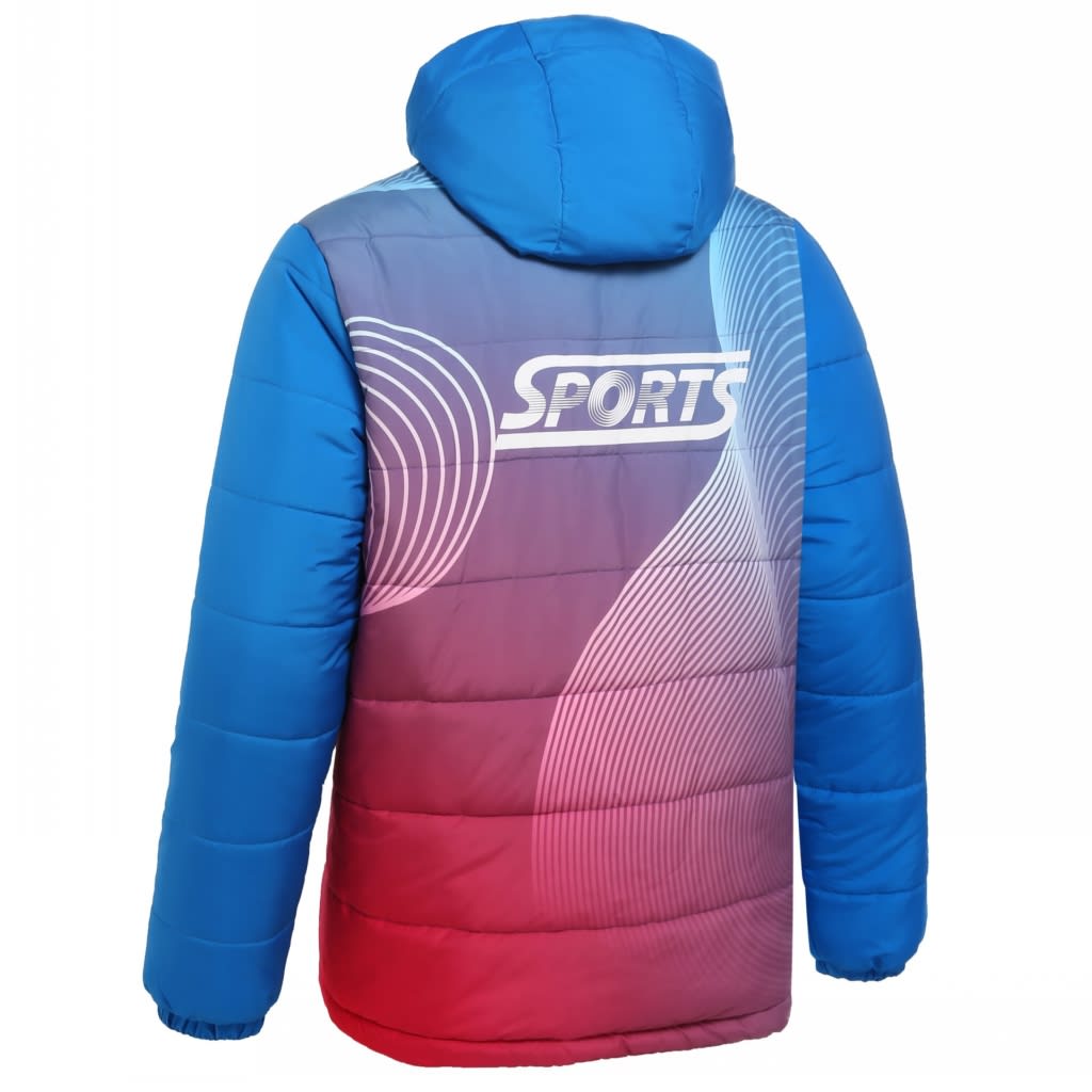 A puffer long coat in blue with a gradient design transitioning to red, featuring a logo on the back.