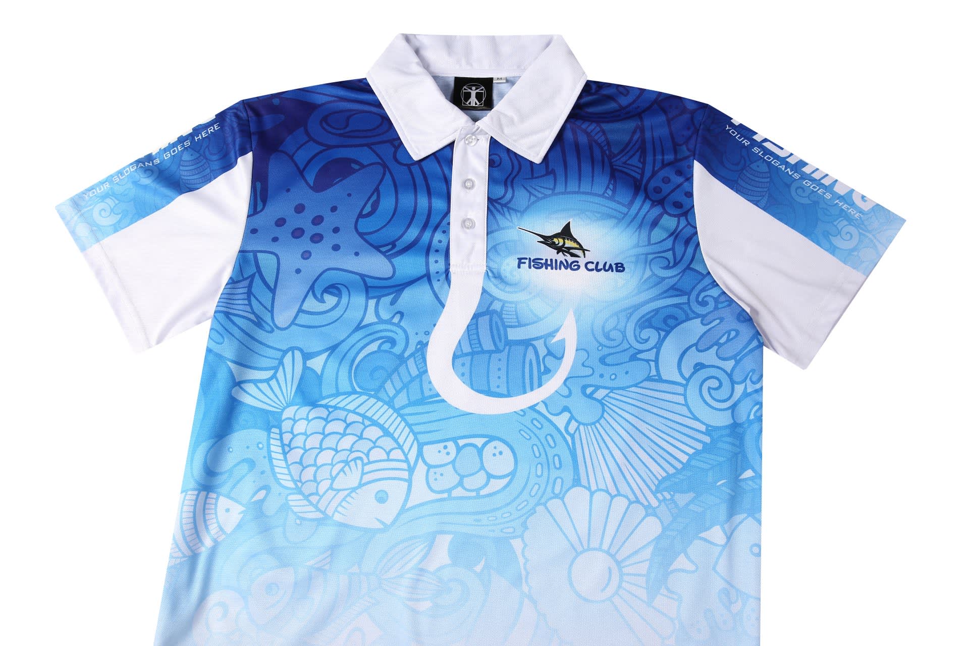 A blue and white short-sleeve jersey featuring a fishing club design with various fish and aquatic patterns. It has a logo.