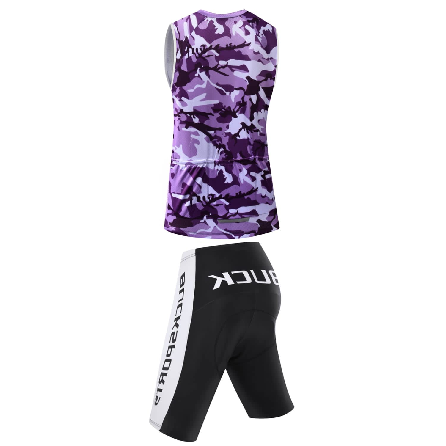 A sports uniform featuring a purple camouflage jersey and black cycling shorts with white branding on the side.