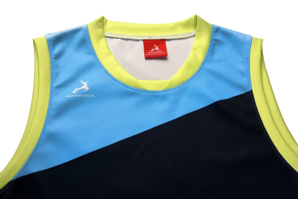 An AFL singlet featuring a blue, black, and lime green colour scheme with a logo on the front.