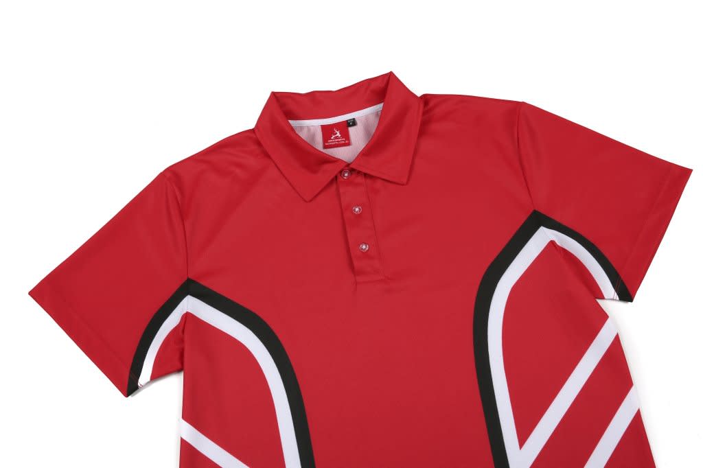 A red polo shirt with black and white detailing, featuring a collar and button placket. The shirt has a logo.