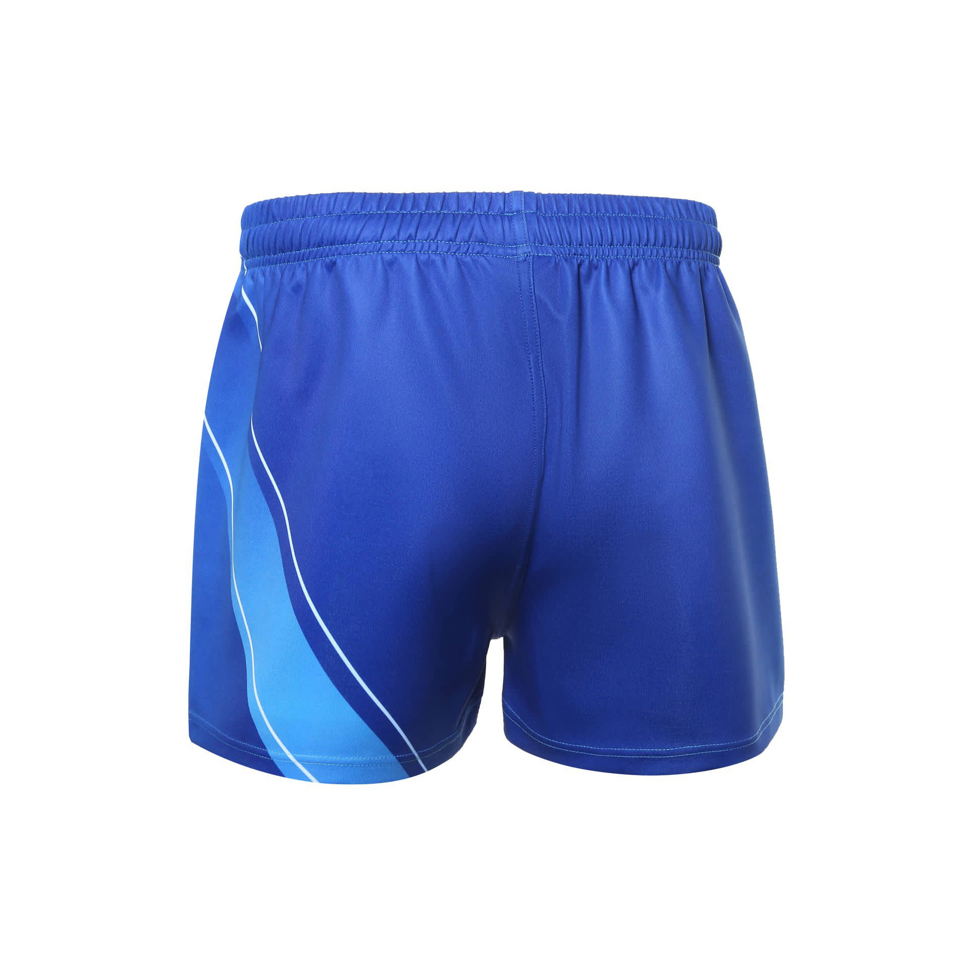 Blue athletic shorts featuring a stylish design with varying shades of blue and an elastic waistband. Contains branding.