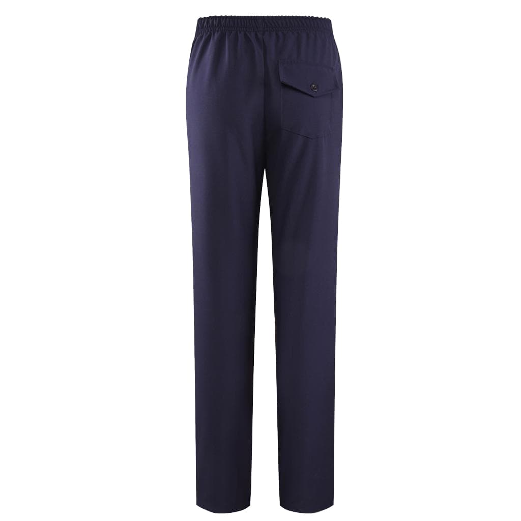 Navy side zip warm-up pants with an elastic waistband and back pocket. Includes a logo.