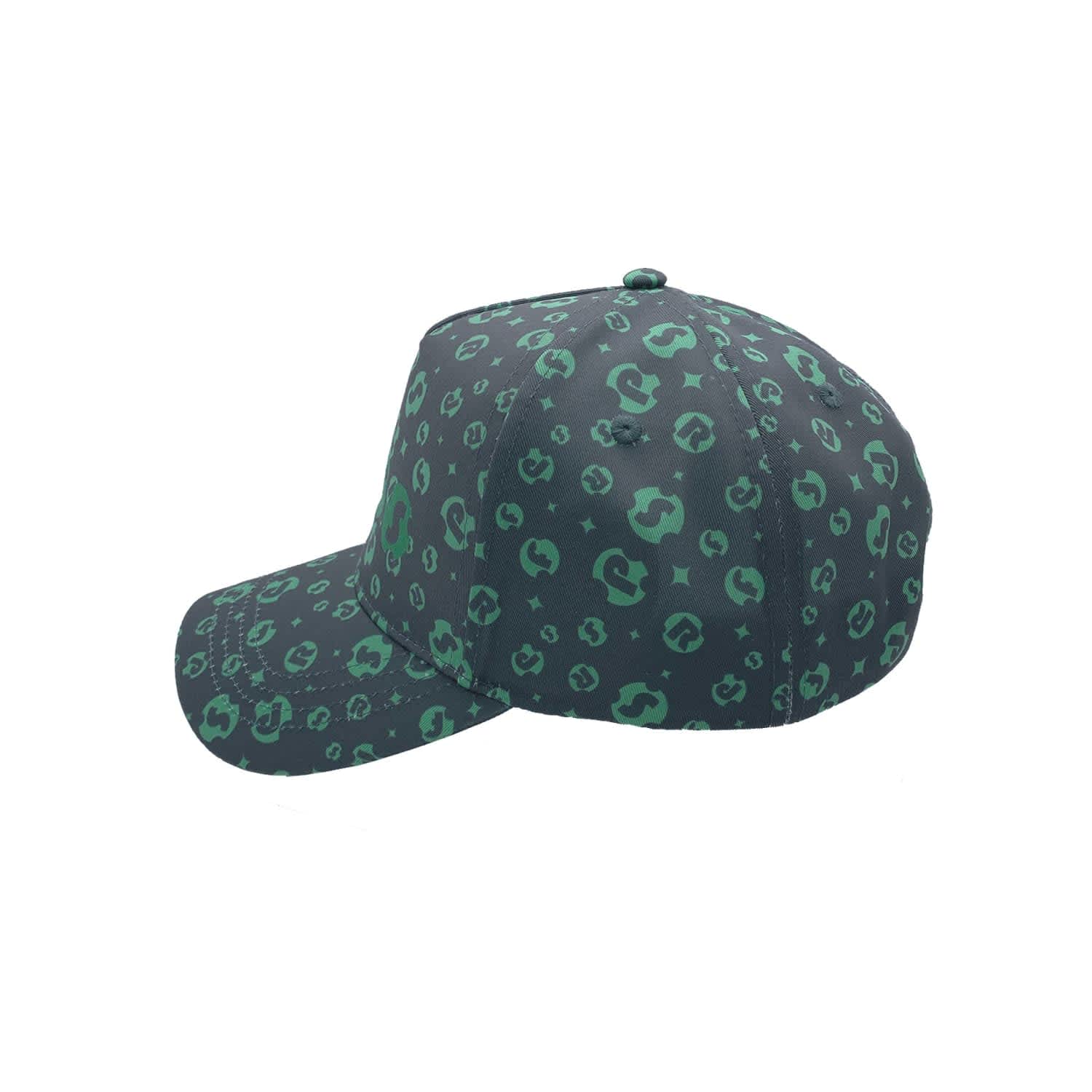 A dark green cap featuring a leopard print pattern, with a curved brim and a logo on the side.