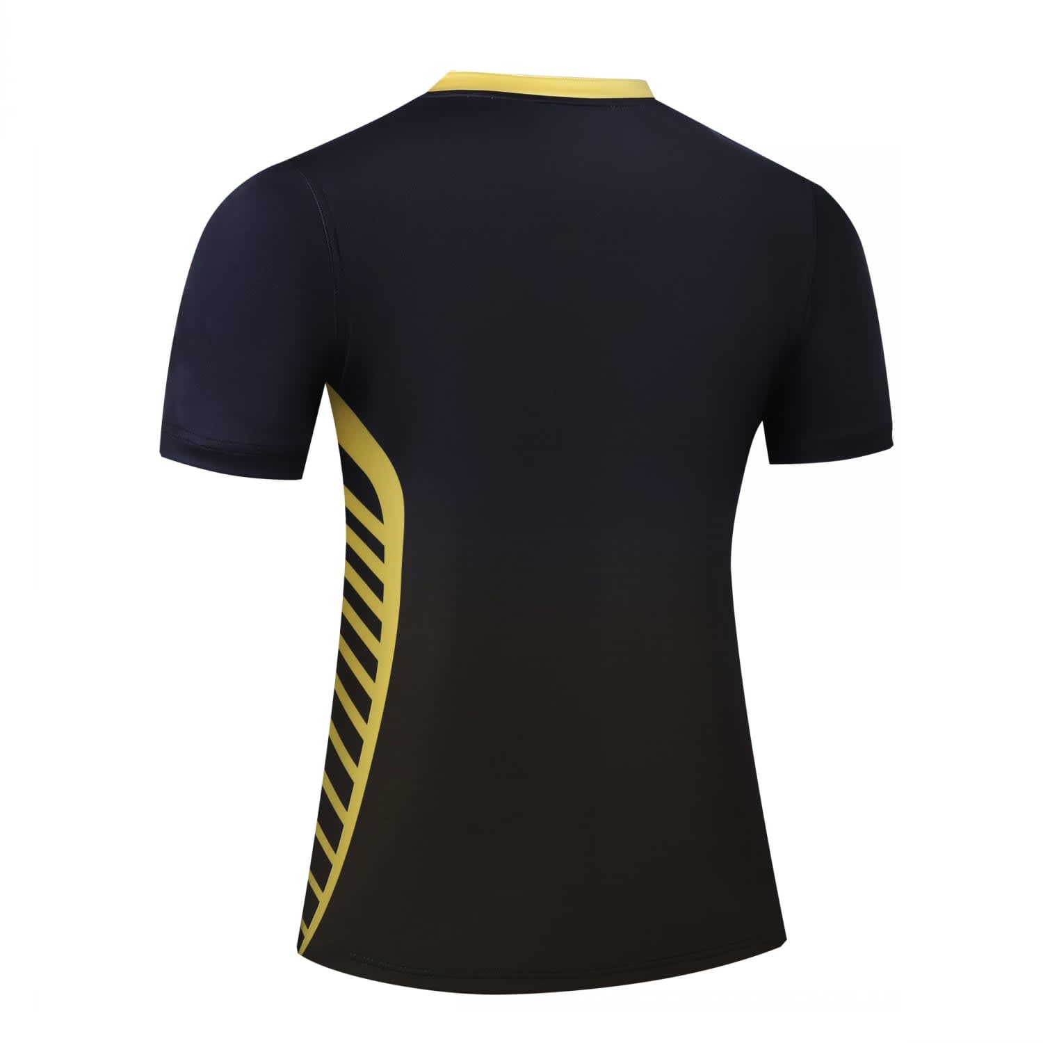A short-sleeved rugby top in navy blue with yellow accents and a logo on the back.