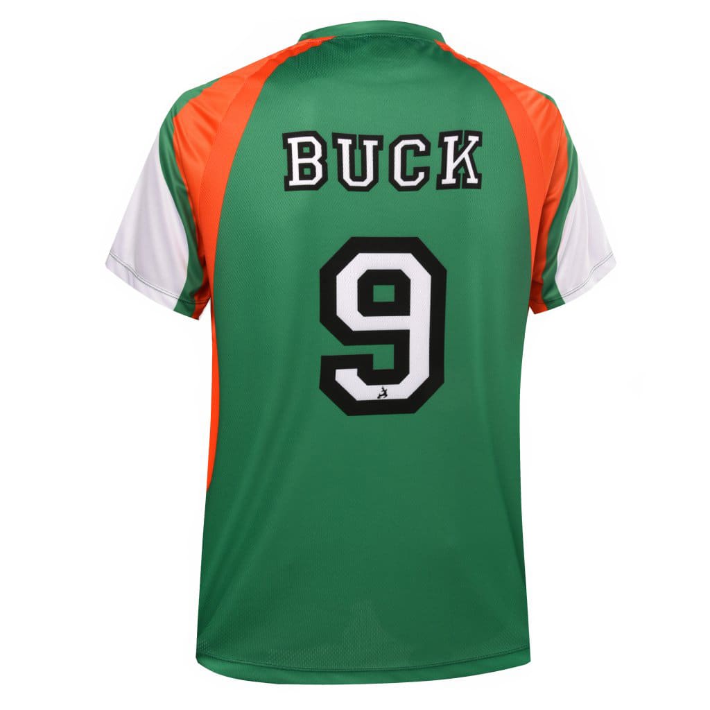 A green and orange sports jersey features the name "BUCK" and the number 9, with white sleeves and a logo.