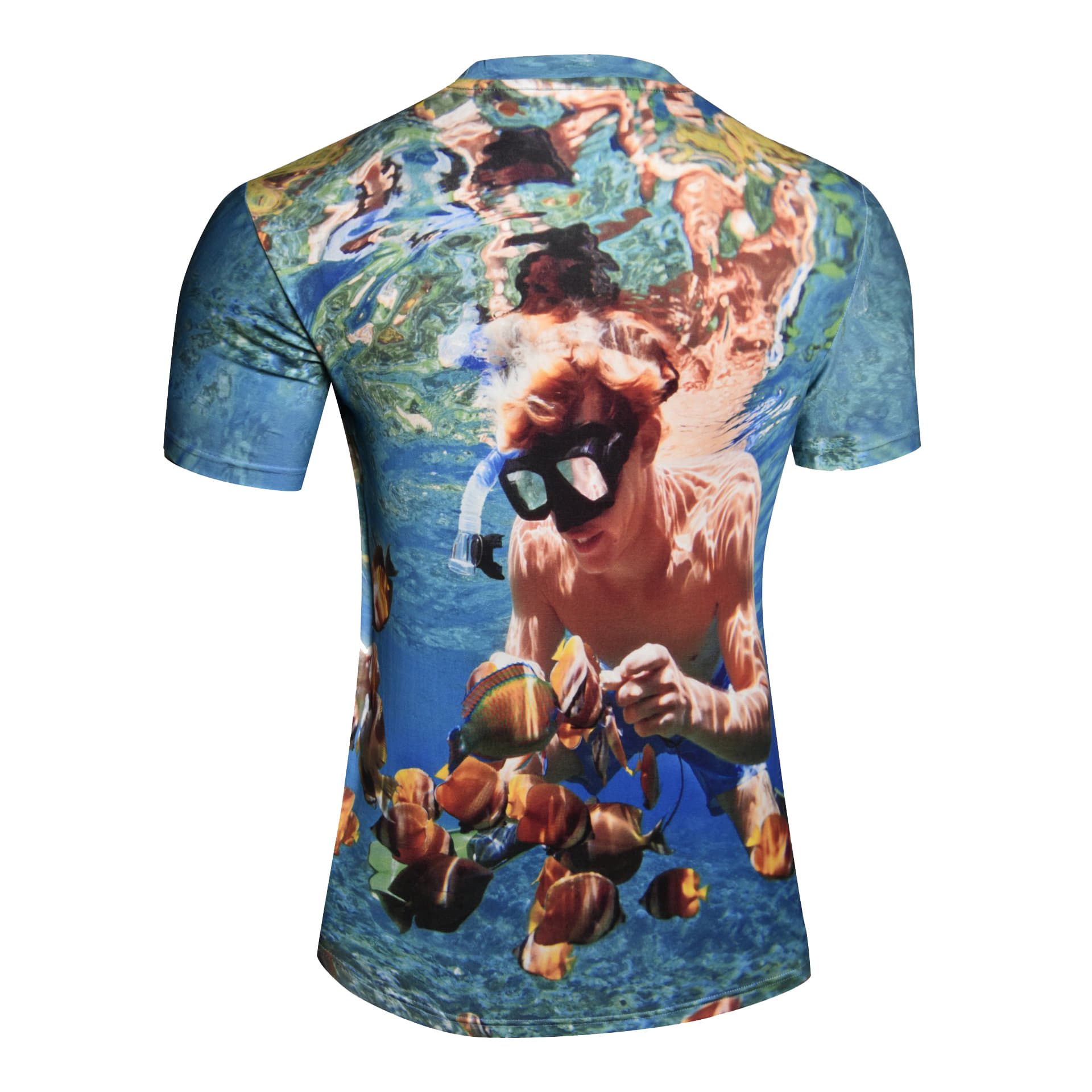 A colourful cotton tee featuring an underwater scene with a diver and tropical fish. The tee has a vibrant blue background.